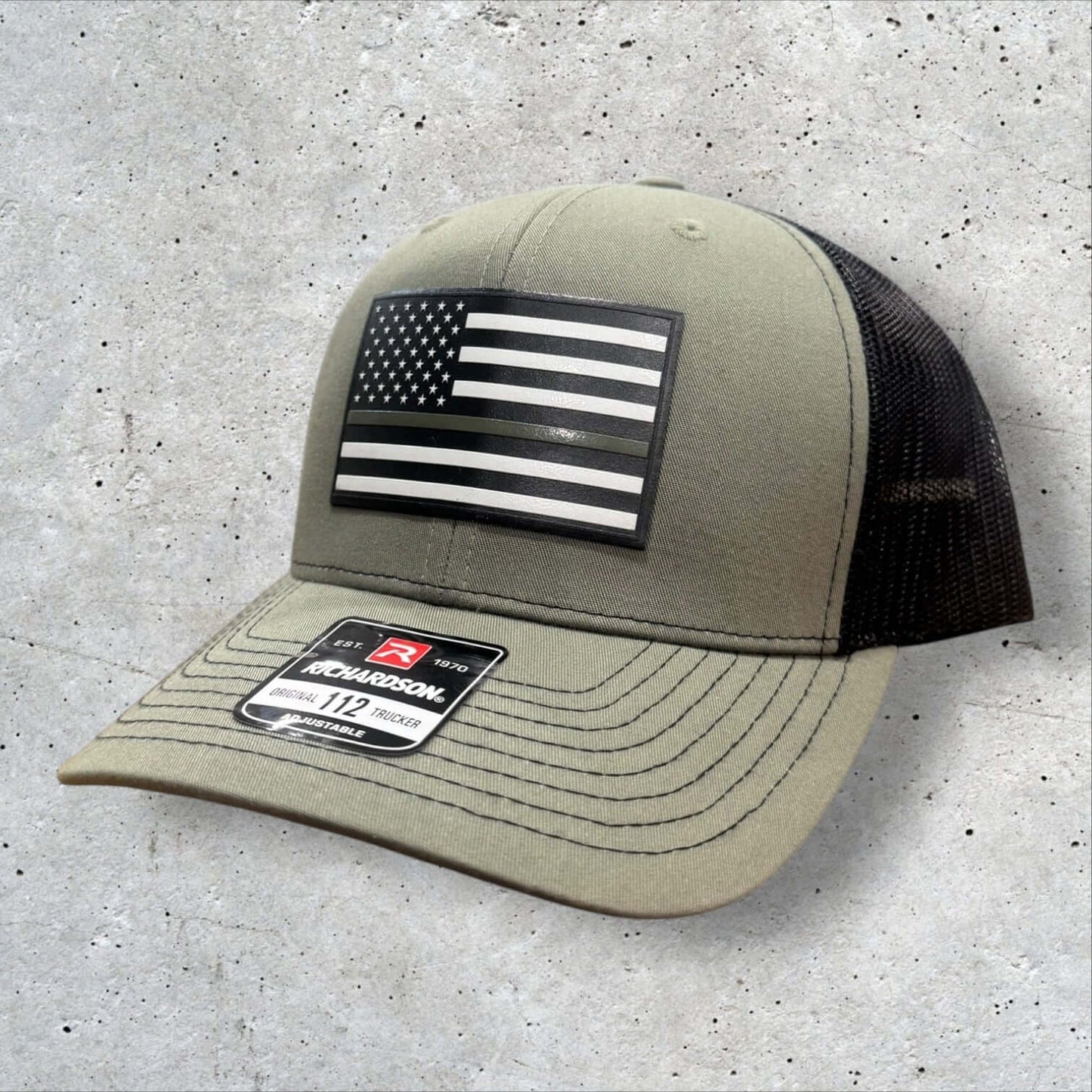 OD Green Thin Line Hat with American flag UV-printed patch, featuring durable mesh back, ideal for military and first responders.