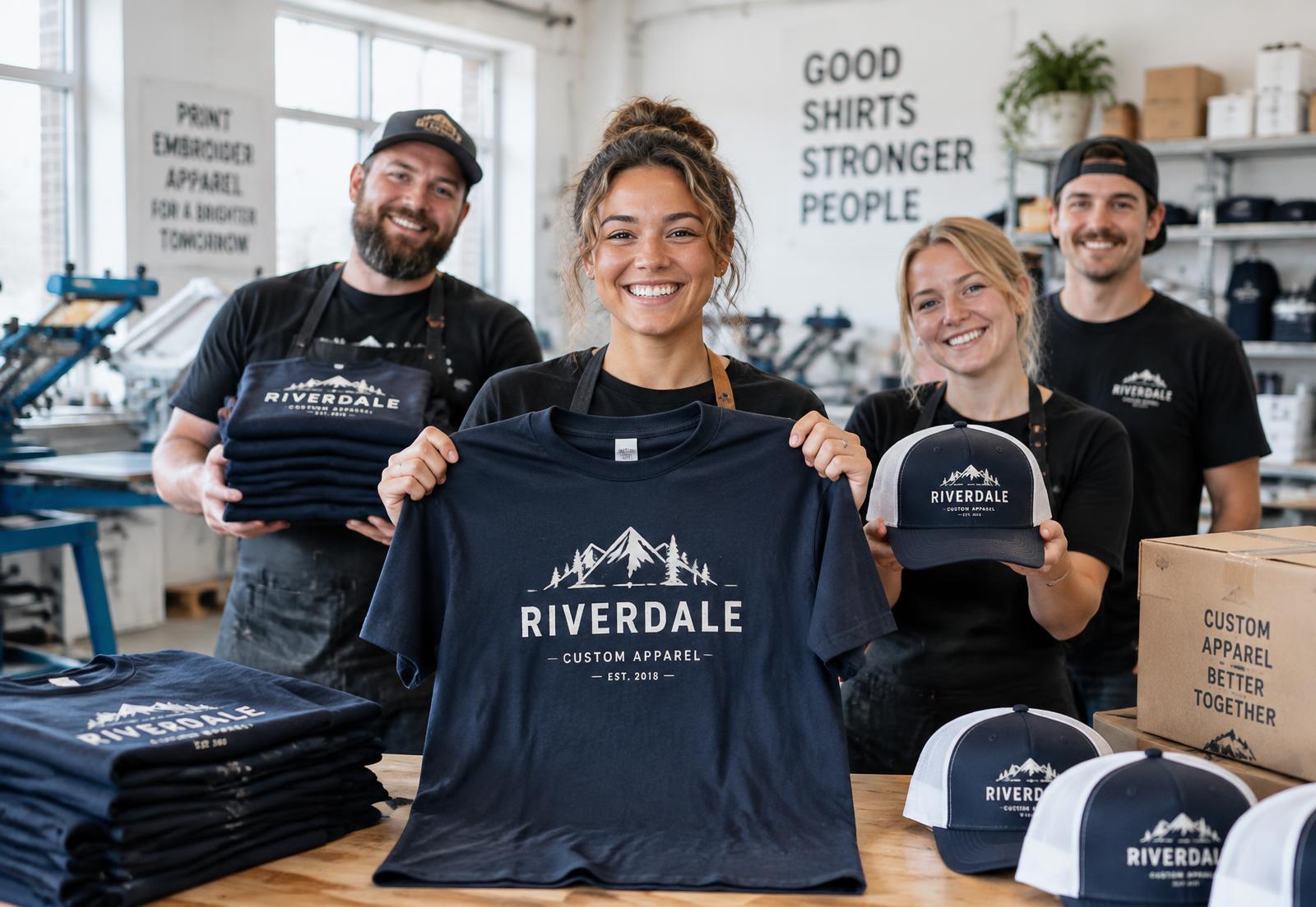 Freedom Forge team holding freshly printed shirts and hats